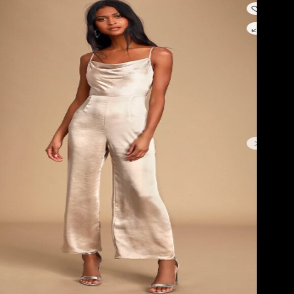 NWT: Perfect Night Champagne Satin Cowl Neck Culotte Jumpsuit (Lush) - Picture 6 of 6